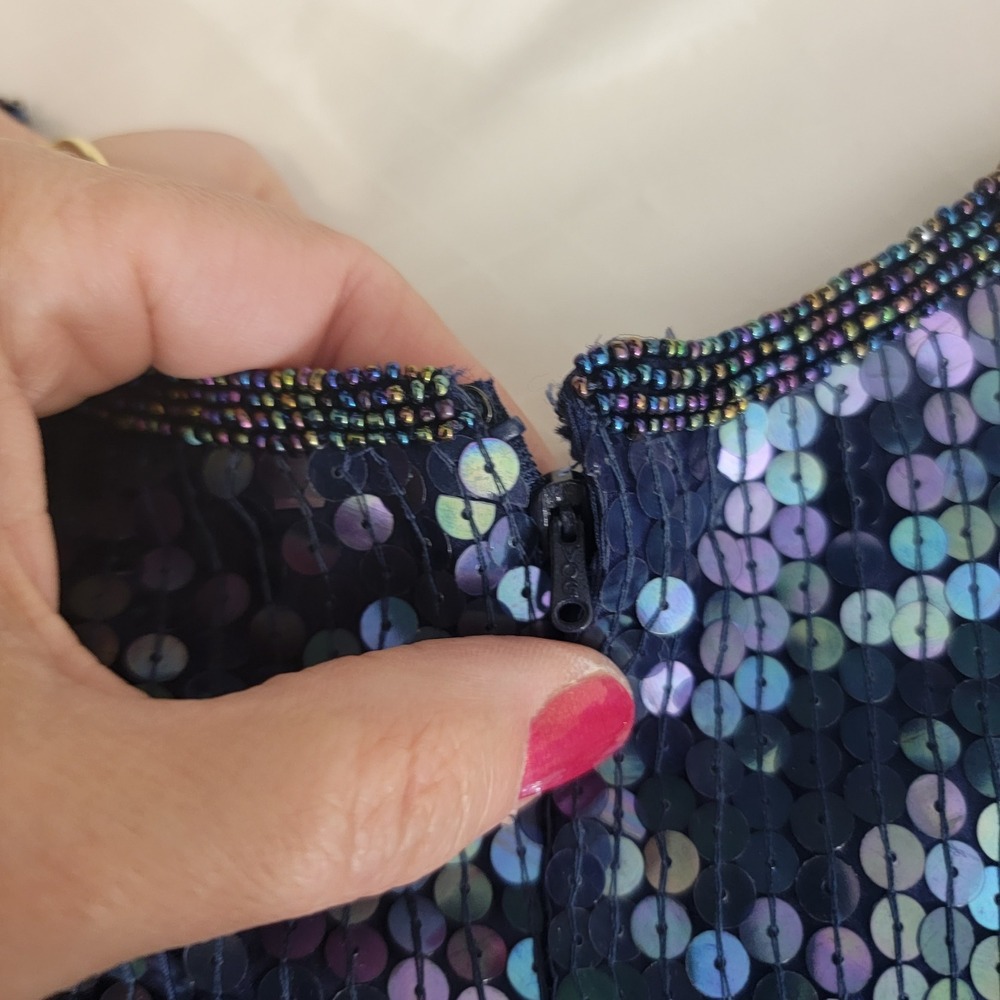 Vintage 100% Silk Blue Iridescent Sequin Beaded Mini Dress Short Sleeve Small - Picture 11 of 15
